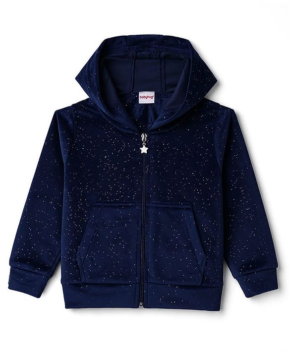 Babyhug Velour Full Sleeves Hooded Sweatshirt & Pant Co-Ord Winter Wear Suit With Galaxy Print - Navy Blue