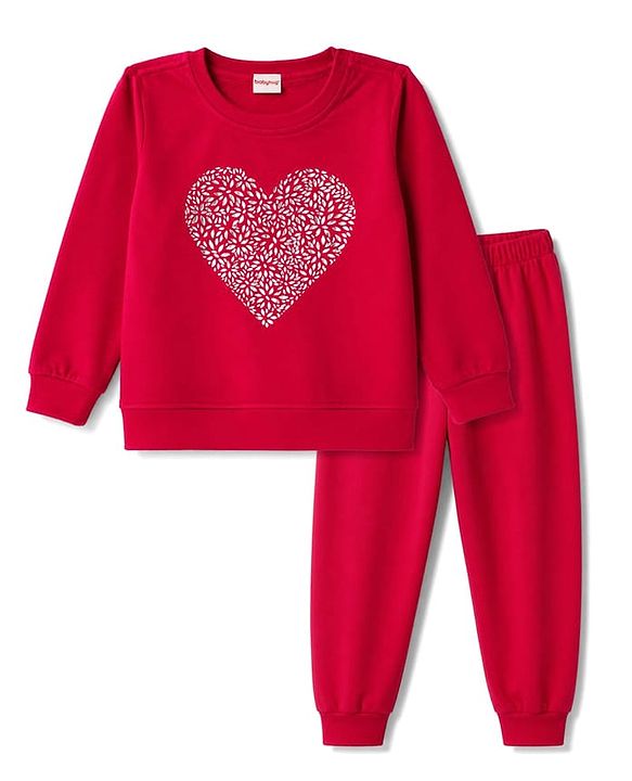 Babyhug Velour Full Sleeves Winter Wear Set With Heart Foil Print - Fuchsia