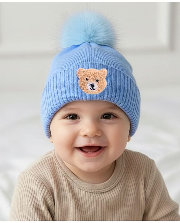 Babyhug Knit Woollen Cap With Pom Pom & Teddy Bear Embroidery Navy Blue - Diameter 12 cm