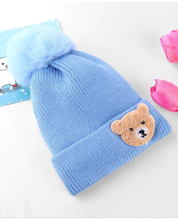Babyhug Knit Woollen Cap With Pom Pom & Teddy Bear Embroidery Navy Blue - Diameter 12 cm