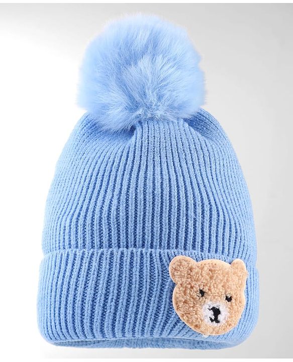 Babyhug Knit Woollen Cap With Pom Pom & Teddy Bear Embroidery Navy Blue - Diameter 12 cm