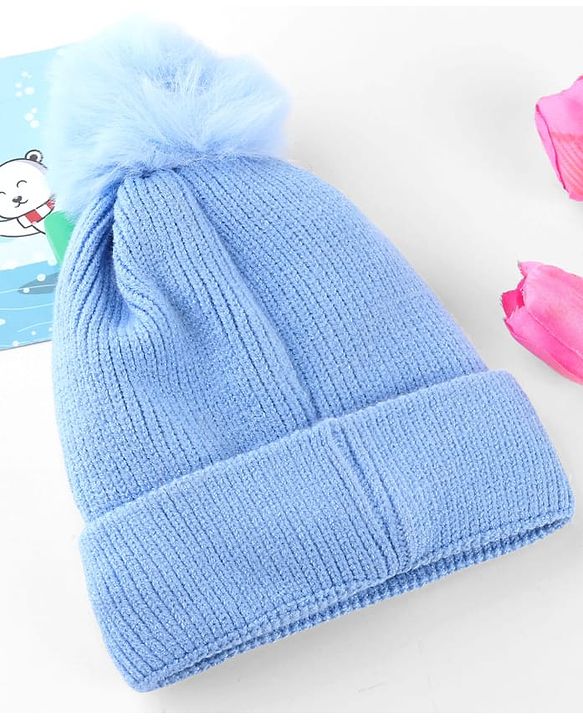 Babyhug Knit Woollen Cap With Pom Pom & Teddy Bear Embroidery Navy Blue - Diameter 12 cm