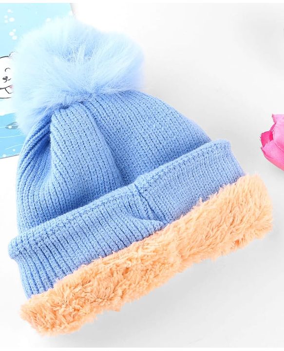 Babyhug Knit Woollen Cap With Pom Pom & Teddy Bear Embroidery Navy Blue - Diameter 12 cm