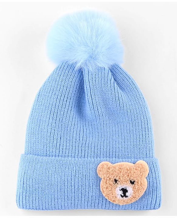 Babyhug Knit Woollen Cap With Pom Pom & Teddy Bear Embroidery Navy Blue - Diameter 12 cm