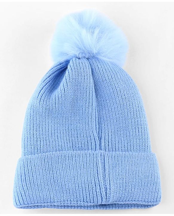 Babyhug Knit Woollen Cap With Pom Pom & Teddy Bear Embroidery Navy Blue - Diameter 12 cm