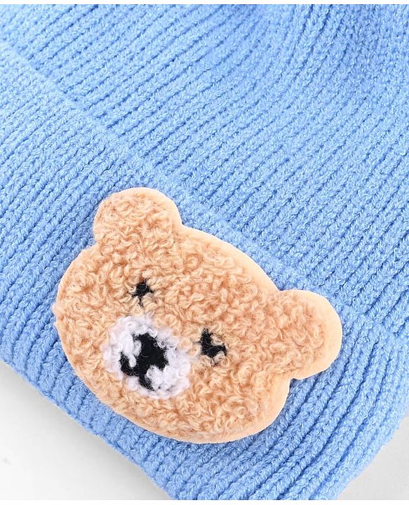 Babyhug Knit Woollen Cap With Pom Pom & Teddy Bear Embroidery Navy Blue - Diameter 12 cm