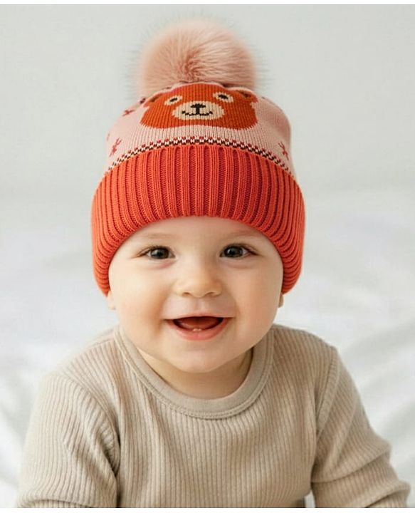 Babyhug Knit Woollen Cap With Pom Pom & Teddy Bear Design Brown - Diameter 13 cm