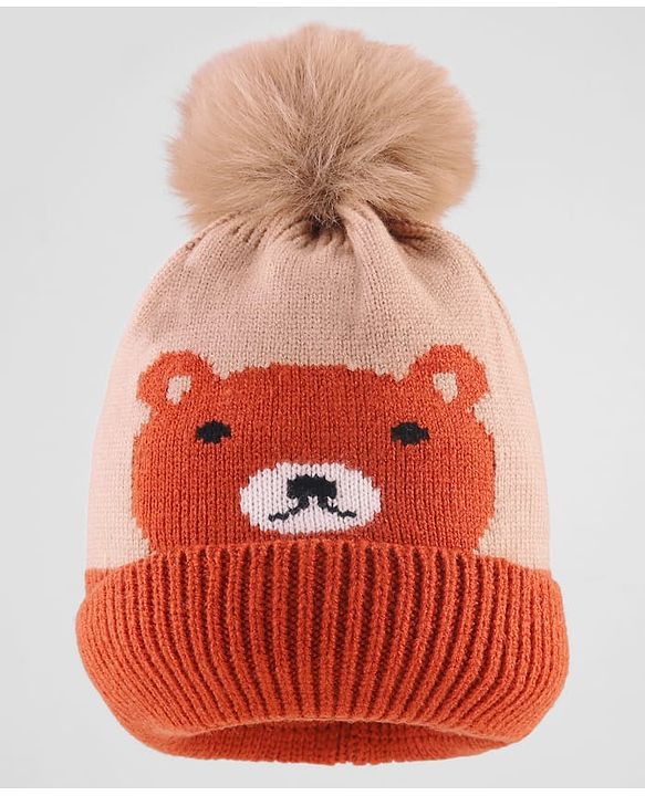 Babyhug Knit Woollen Cap With Pom Pom & Teddy Bear Design Brown - Diameter 13 cm