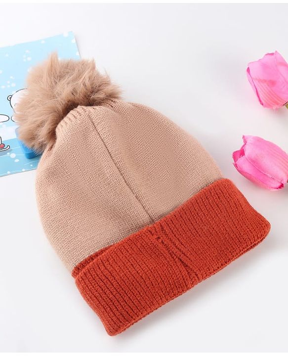 Babyhug Knit Woollen Cap With Pom Pom & Teddy Bear Design Brown - Diameter 13 cm