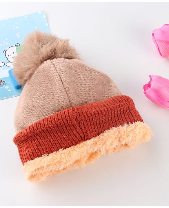Babyhug Knit Woollen Cap With Pom Pom & Teddy Bear Design Brown - Diameter 13 cm