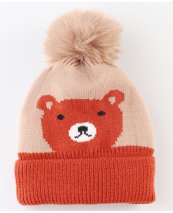 Babyhug Knit Woollen Cap With Pom Pom & Teddy Bear Design Brown - Diameter 13 cm