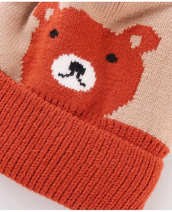 Babyhug Knit Woollen Cap With Pom Pom & Teddy Bear Design Brown - Diameter 13 cm