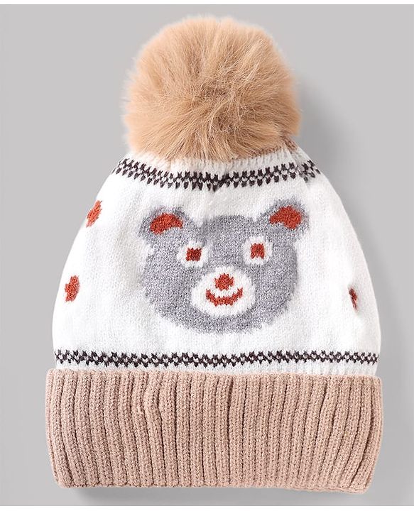 Babyhug Knit Woollen Cap With Bear Design OffWhite - Diameter 13 cm
