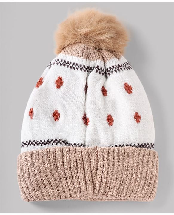Babyhug Knit Woollen Cap With Bear Design OffWhite - Diameter 13 cm