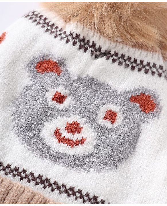 Babyhug Knit Woollen Cap With Bear Design OffWhite - Diameter 13 cm