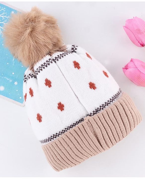 Babyhug Knit Woollen Cap With Bear Design OffWhite - Diameter 13 cm