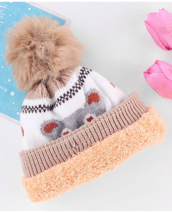 Babyhug Knit Woollen Cap With Bear Design OffWhite - Diameter 13 cm