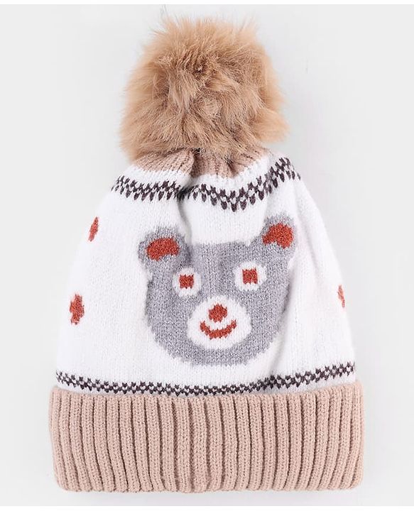 Babyhug Knit Woollen Cap With Bear Design OffWhite - Diameter 13 cm