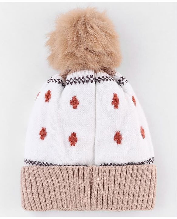 Babyhug Knit Woollen Cap With Bear Design OffWhite - Diameter 13 cm