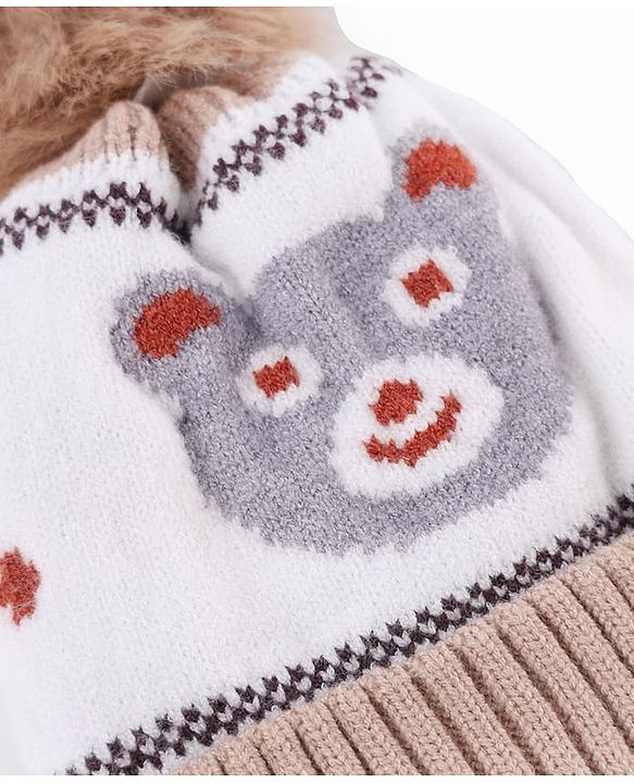Babyhug Knit Woollen Cap With Bear Design OffWhite - Diameter 13 cm