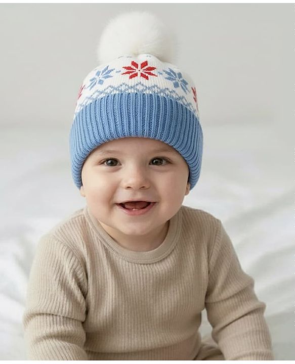 Babyhug Knit Woollen Cap With Pom Pom & Floral Design Blue - Diameter 13 cm