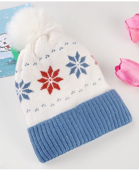 Babyhug Knit Woollen Cap With Pom Pom & Floral Design Blue - Diameter 13 cm