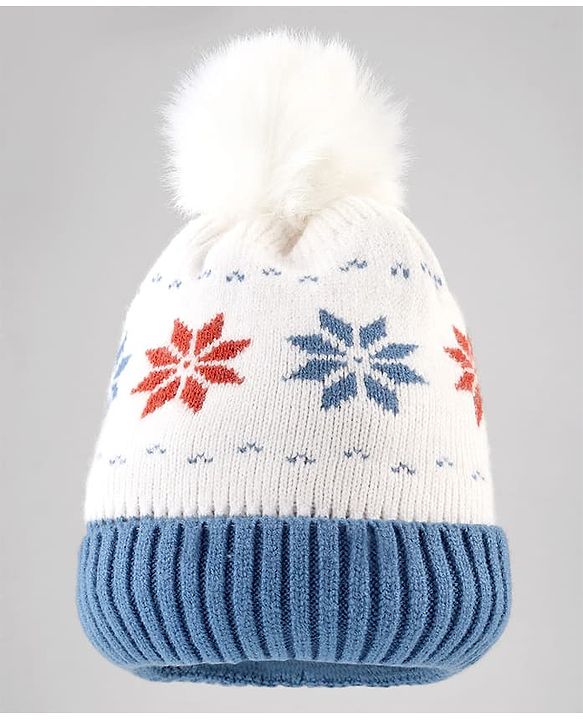 Babyhug Knit Woollen Cap With Pom Pom & Floral Design Blue - Diameter 13 cm