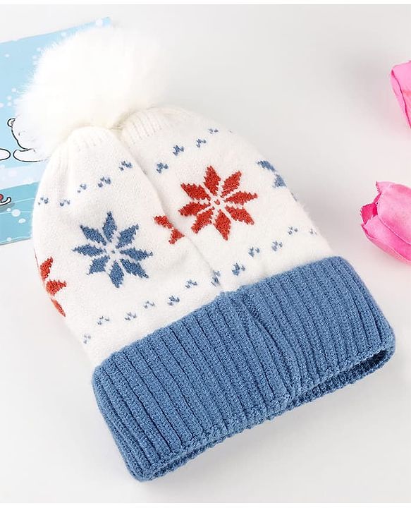 Babyhug Knit Woollen Cap With Pom Pom & Floral Design Blue - Diameter 13 cm