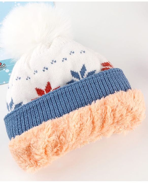 Babyhug Knit Woollen Cap With Pom Pom & Floral Design Blue - Diameter 13 cm