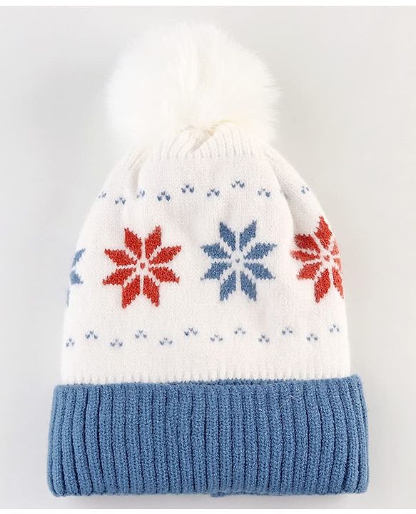 Babyhug Knit Woollen Cap With Pom Pom & Floral Design Blue - Diameter 13 cm
