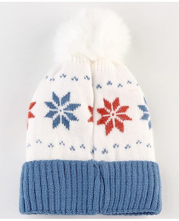 Babyhug Knit Woollen Cap With Pom Pom & Floral Design Blue - Diameter 13 cm