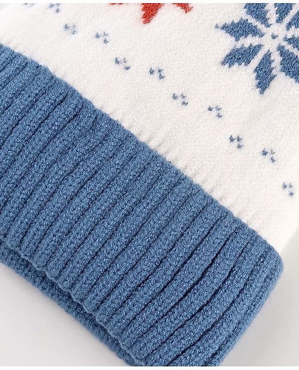 Babyhug Knit Woollen Cap With Pom Pom & Floral Design Blue - Diameter 13 cm