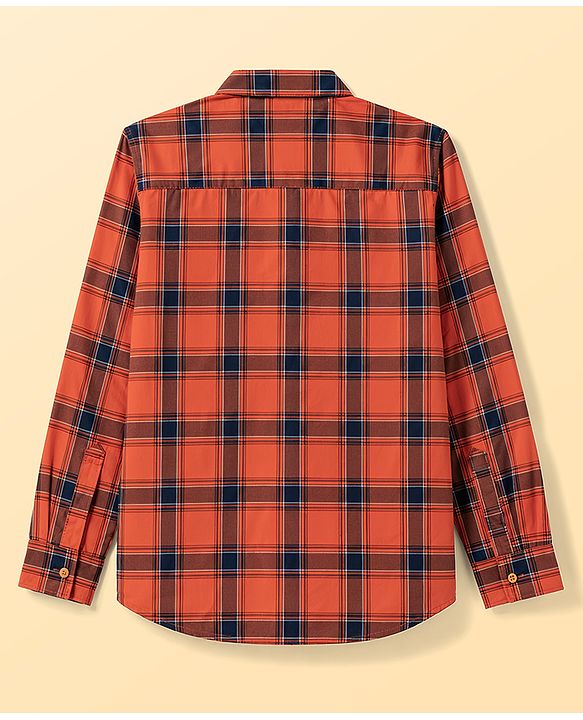 Pine Kids 100% Cotton Woven Full Sleeves Checked Shirt With Text Printed Tank T-Shirt - Orange