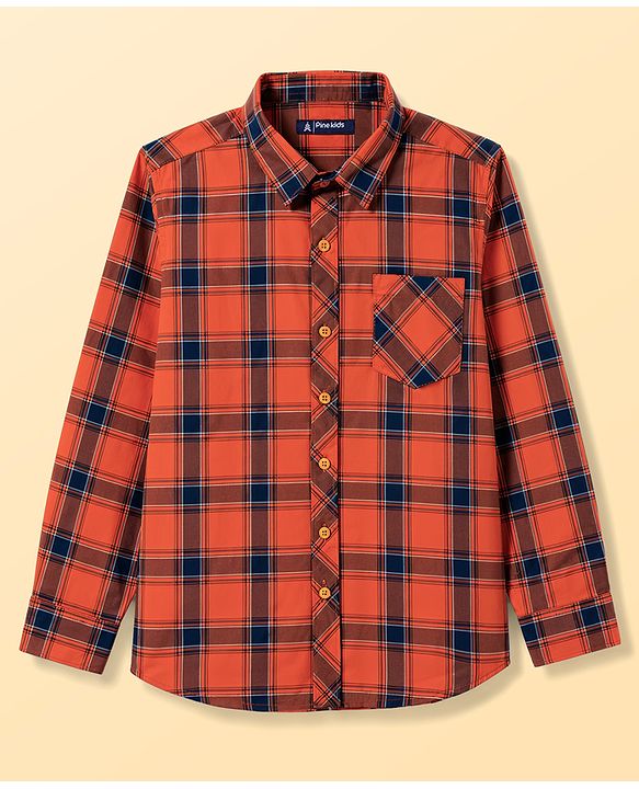 Pine Kids 100% Cotton Woven Full Sleeves Checked Shirt With Text Printed Tank T-Shirt - Orange