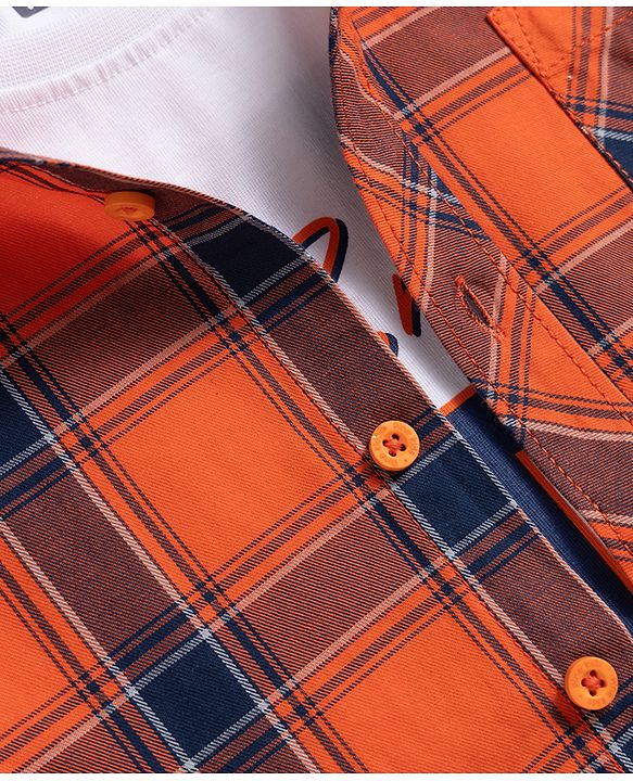 Pine Kids 100% Cotton Woven Full Sleeves Checked Shirt With Text Printed Tank T-Shirt - Orange