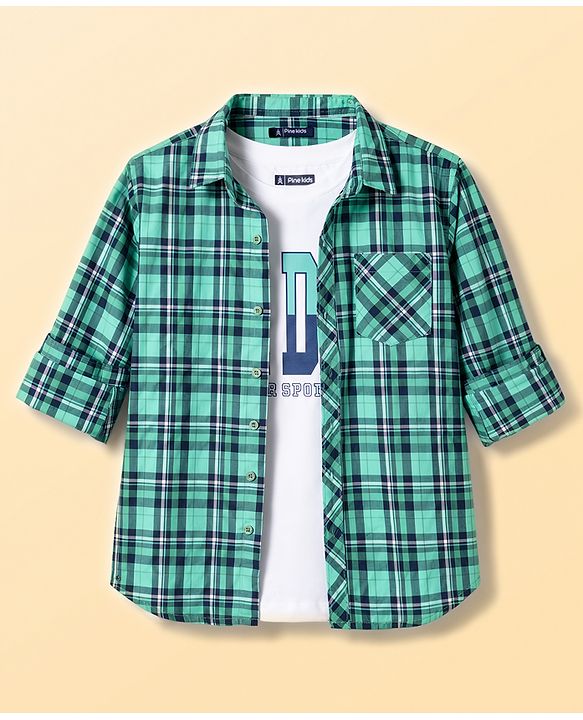 Pine Kids 100% Cotton Woven Full Sleeves Checked Shirt With Text Printed Tank T-Shirt - Green