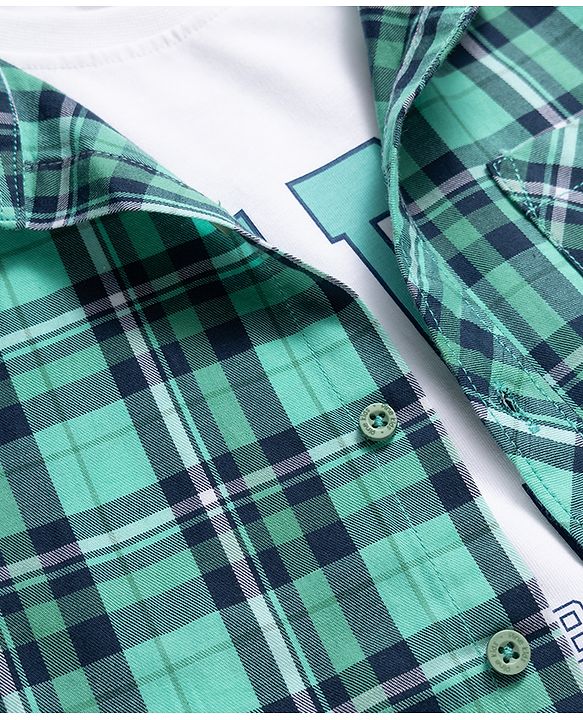 Pine Kids 100% Cotton Woven Full Sleeves Checked Shirt With Text Printed Tank T-Shirt - Green