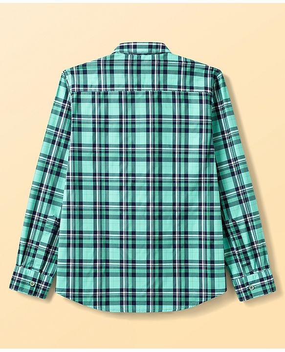 Pine Kids 100% Cotton Woven Full Sleeves Checked Shirt With Text Printed Tank T-Shirt - Green