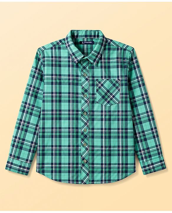 Pine Kids 100% Cotton Woven Full Sleeves Checked Shirt With Text Printed Tank T-Shirt - Green