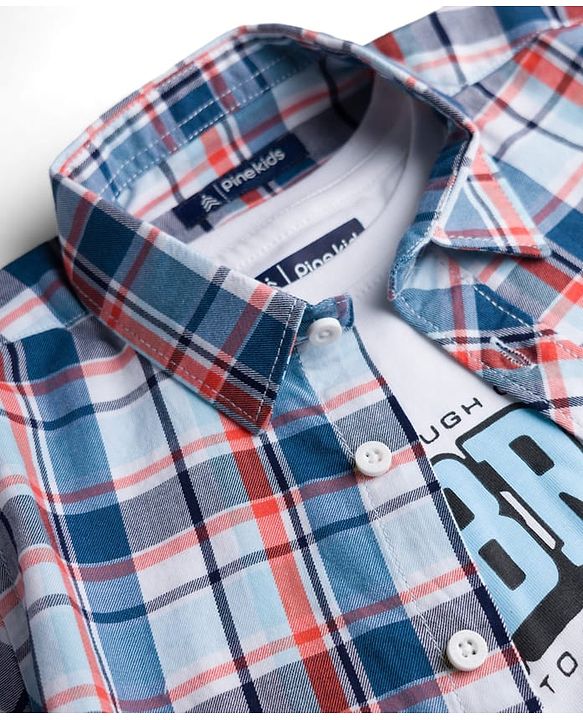Pine Kids Cotton Woven Full Sleeves Checks Shirts and T-Shirt- Navy
