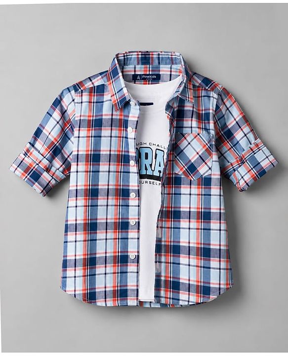 Pine Kids Cotton Woven Full Sleeves Checks Shirts and T-Shirt- Navy