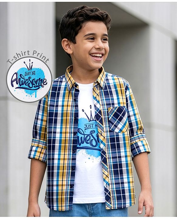 Pine Kids Cotton Woven Half Sleeves Checks Shirt With Printed T-Shirt - Multicolor