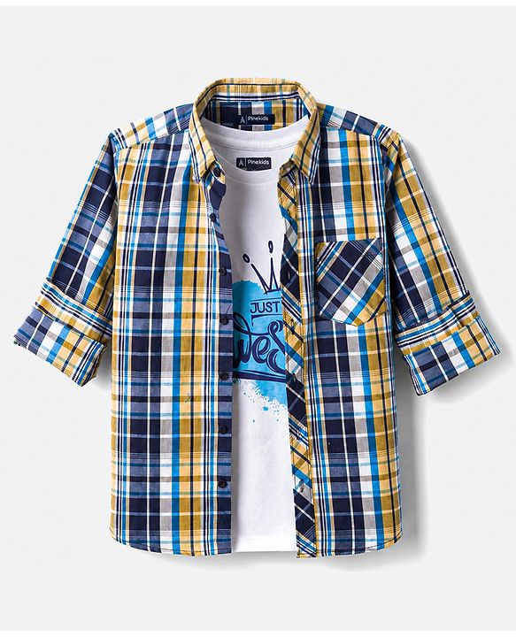 Pine Kids Cotton Woven Half Sleeves Checks Shirt With Printed T-Shirt - Multicolor