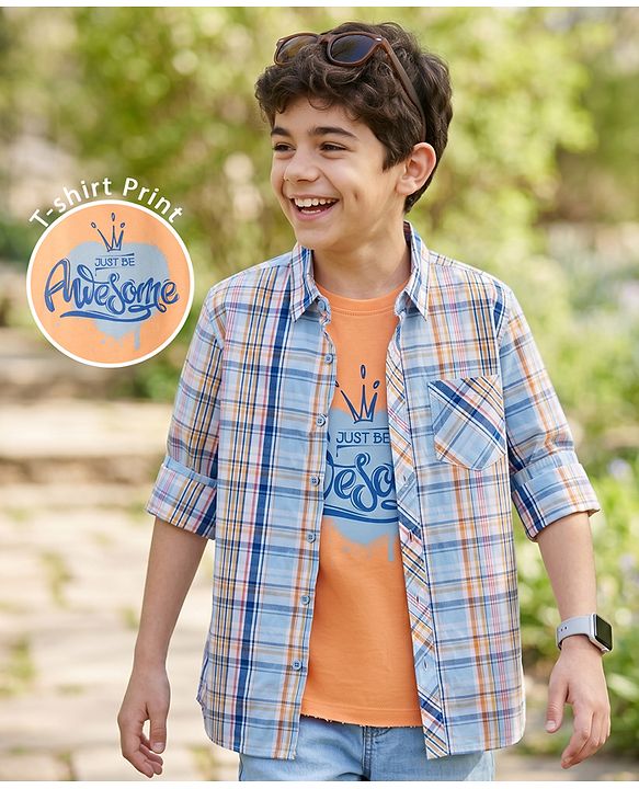 Pine Kids Cotton Woven Half Sleeves Checks Shirt With Printed T-Shirt - Multicolor