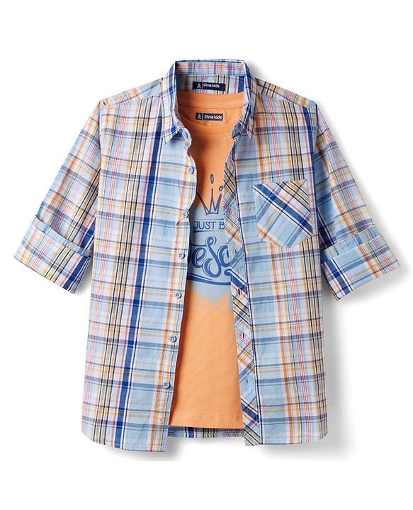 Pine Kids Cotton Woven Half Sleeves Checks Shirt With Printed T-Shirt - Multicolor