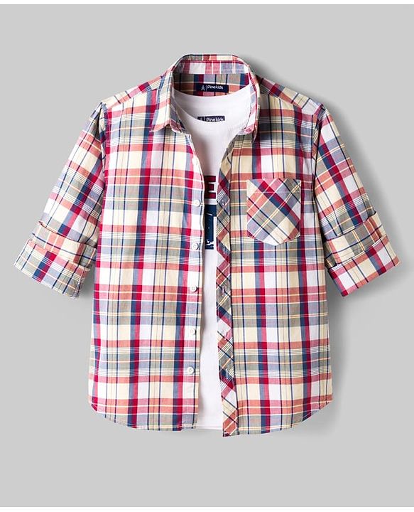Pine Kids Cotton Woven Half Sleeves Checks Shirt With Printed T-Shirt - Multicolor