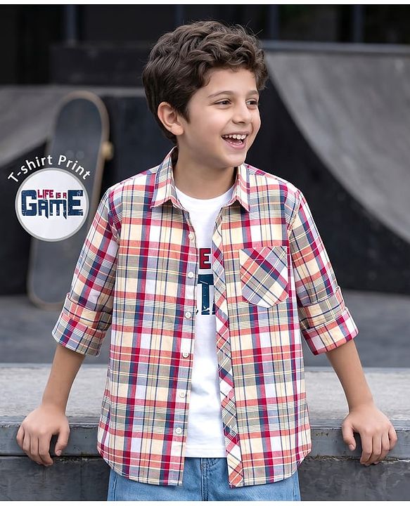 Pine Kids Cotton Woven Half Sleeves Checks Shirt With Printed T-Shirt - Multicolor