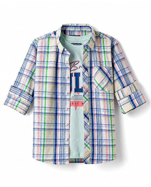 Pine Kids Cotton Woven Half Sleeves Checks Shirt With Printed T-Shirt - Multicolor