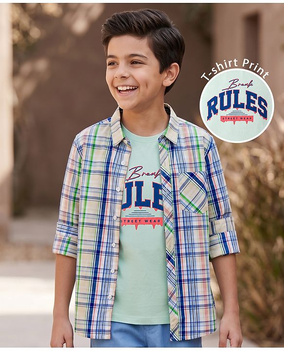 Pine Kids Cotton Woven Half Sleeves Checks Shirt With Printed T-Shirt - Multicolor