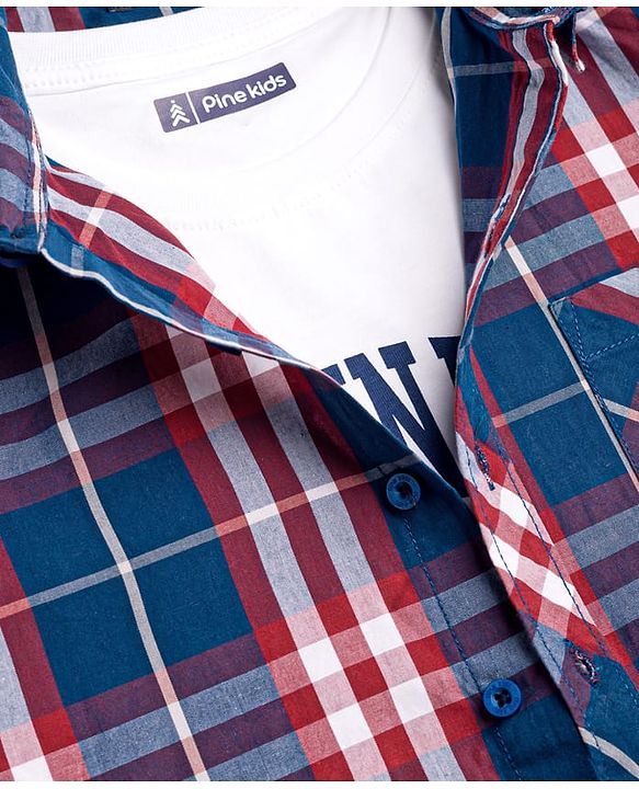 Pine Kids Cotton Woven Half Sleeves Checks Shirt With Printed T-Shirt - Multicolor